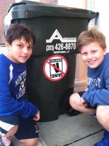 Newtown brothers Max Goldstein and Jackson Mittleton with one of their brand new Played Out receptacles